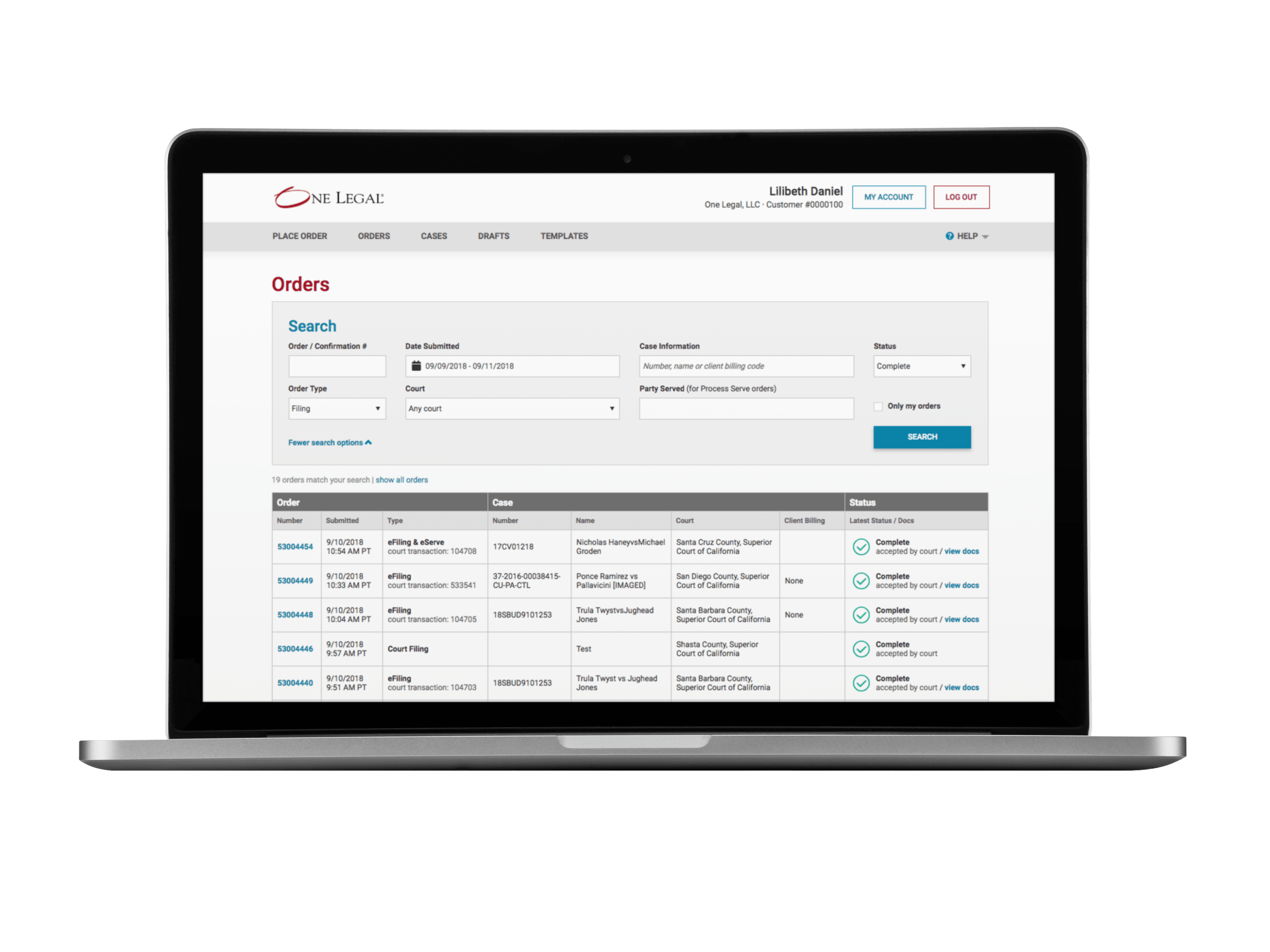 One Legal order dashboard showing completed court filings