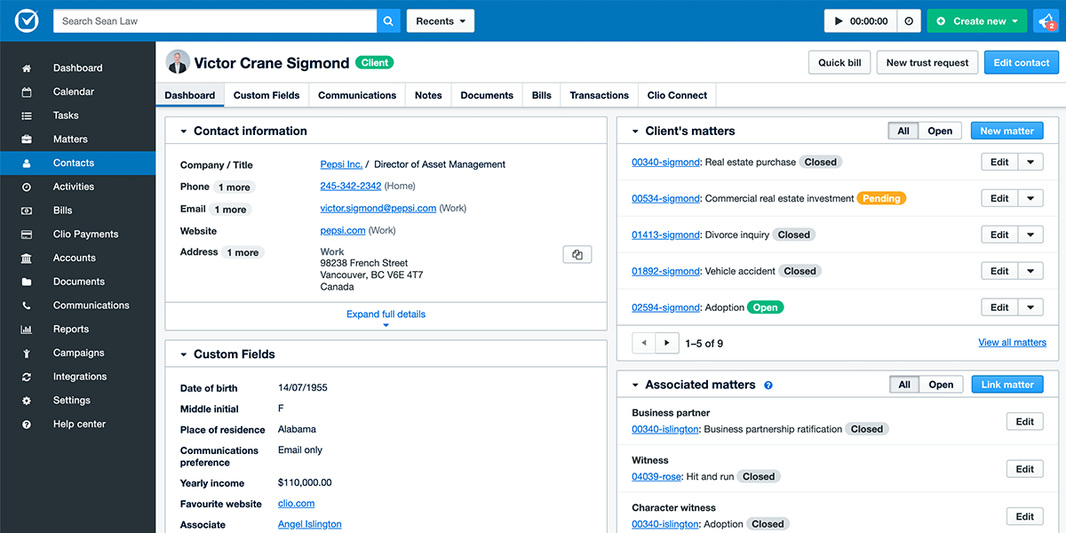 Dig into details about each firm contact, including which matter(s) they are associated with and their communication preferences.