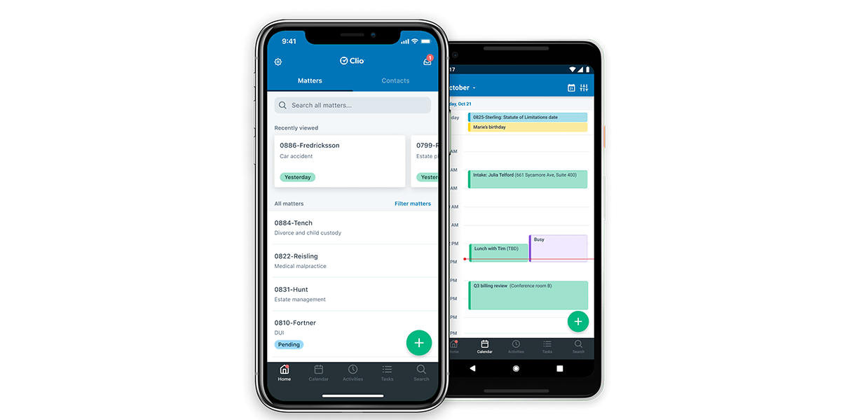 Clio's mobile app for iOS and Android devices helps you keep track of firm, contact and case information on the go.