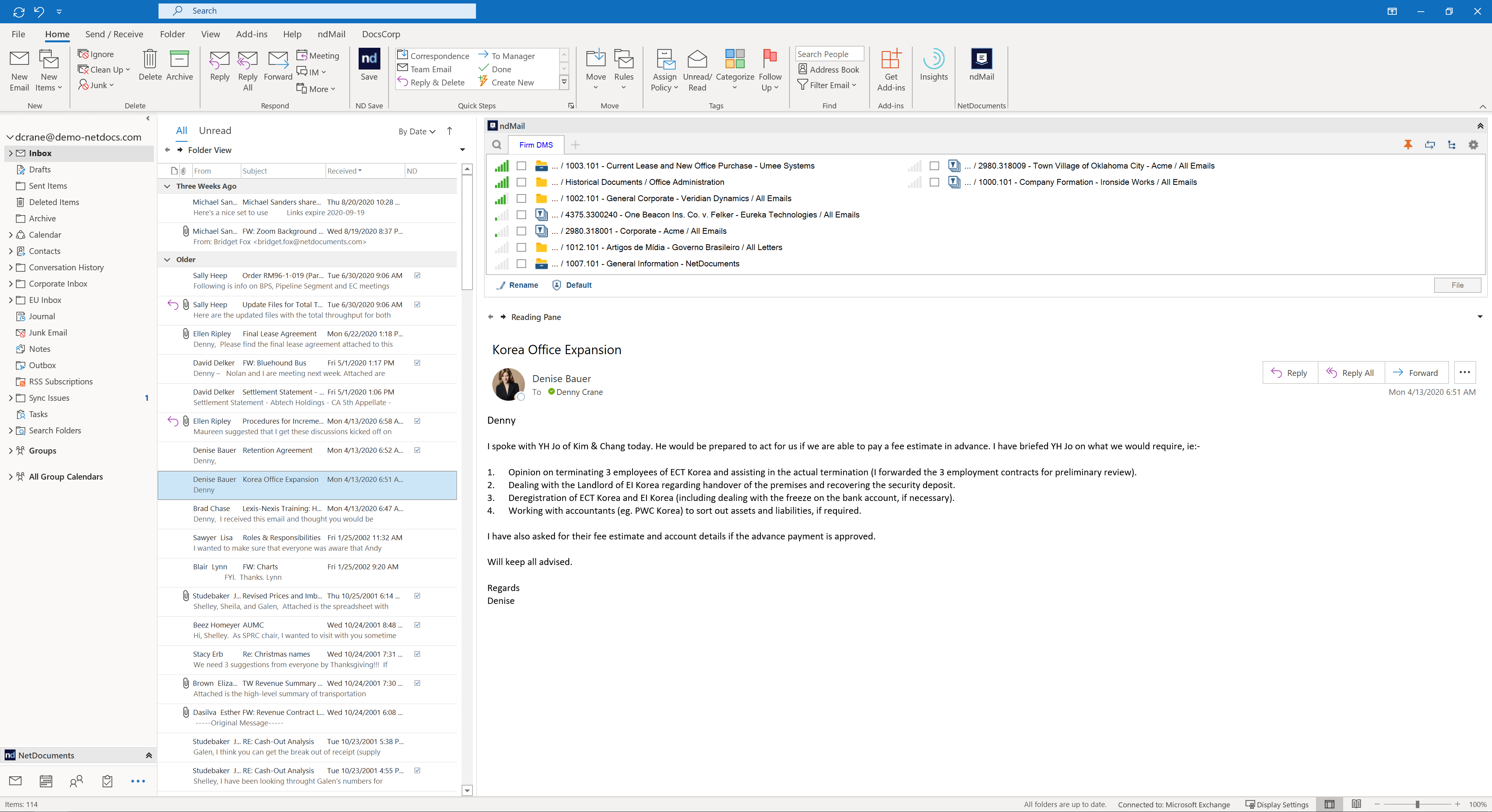 ndMail offers one-click filing using AI powered predictions. The predictions panel generates suggested locations based on user behaviors across your organization and uses those to select the most likely filing location.