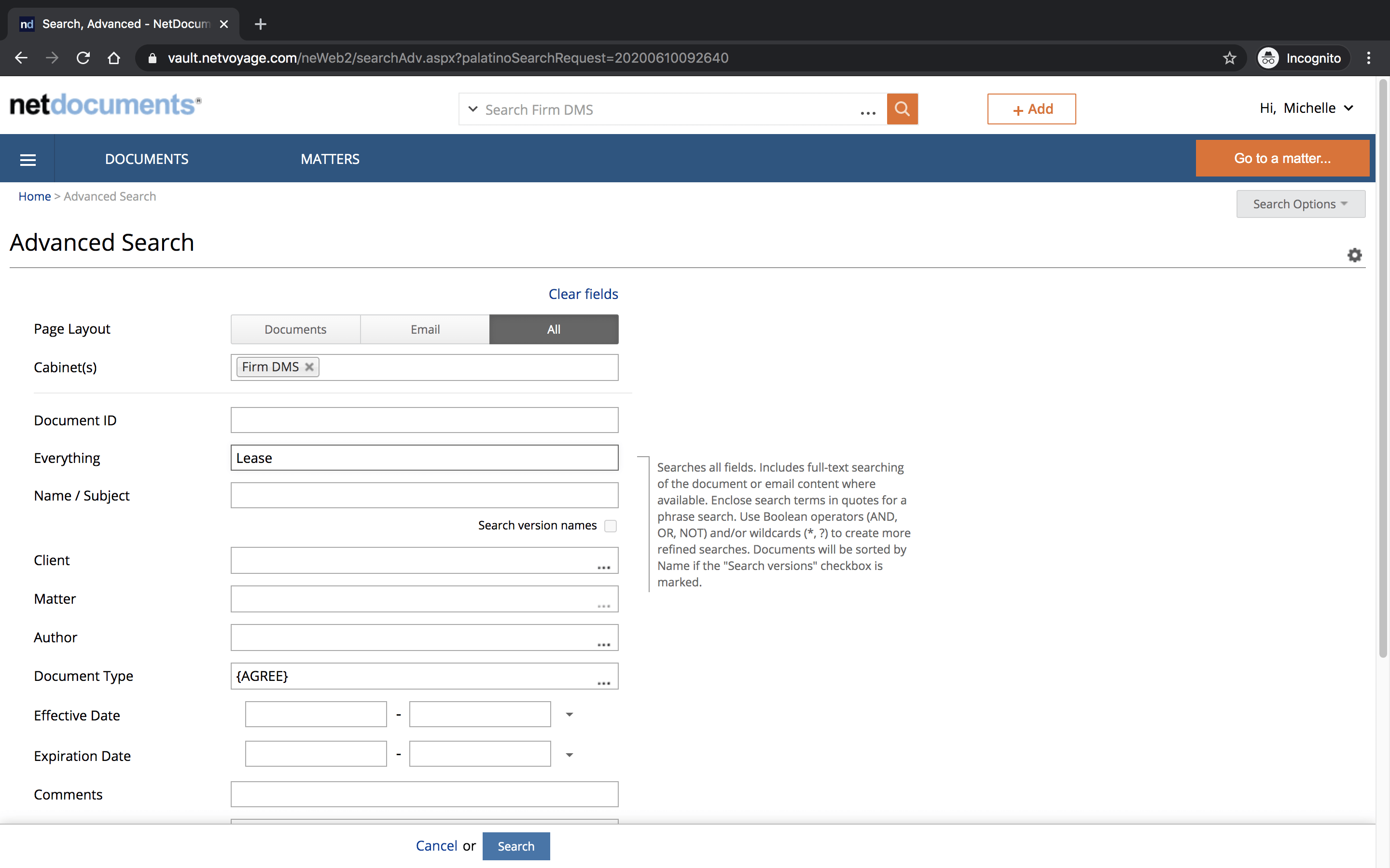 Finding the right files in NetDocuments is easy. Simply complete a straightforward form such as the one pictured with plain text and determine the location you want searched.
