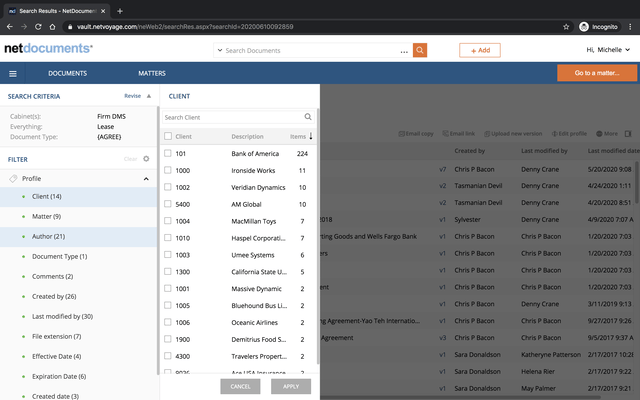 Returned search results can be quickly filtered by profile categories like clients, matters, or authors.