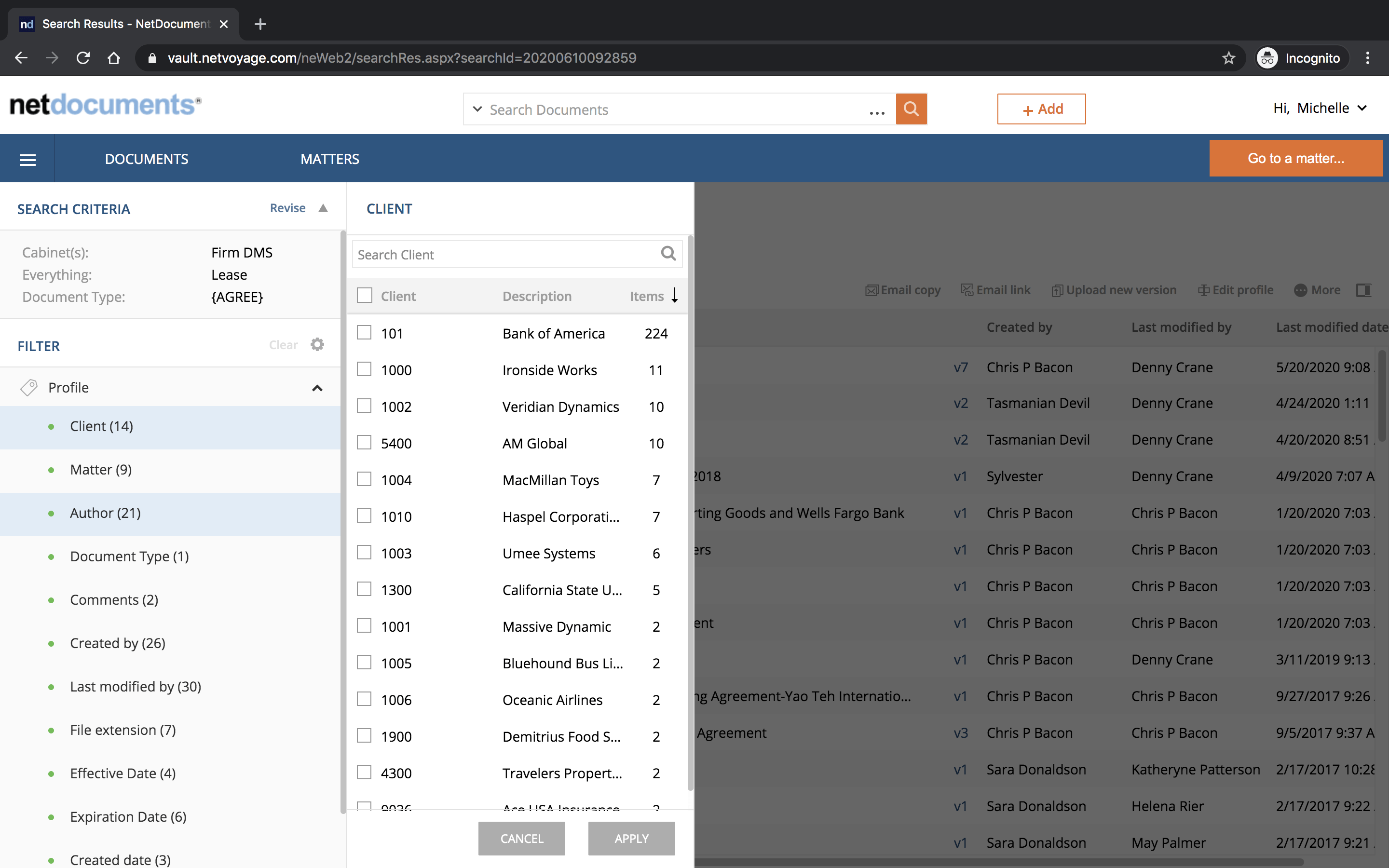 Returned search results can be quickly filtered by profile categories like clients, matters, or authors.