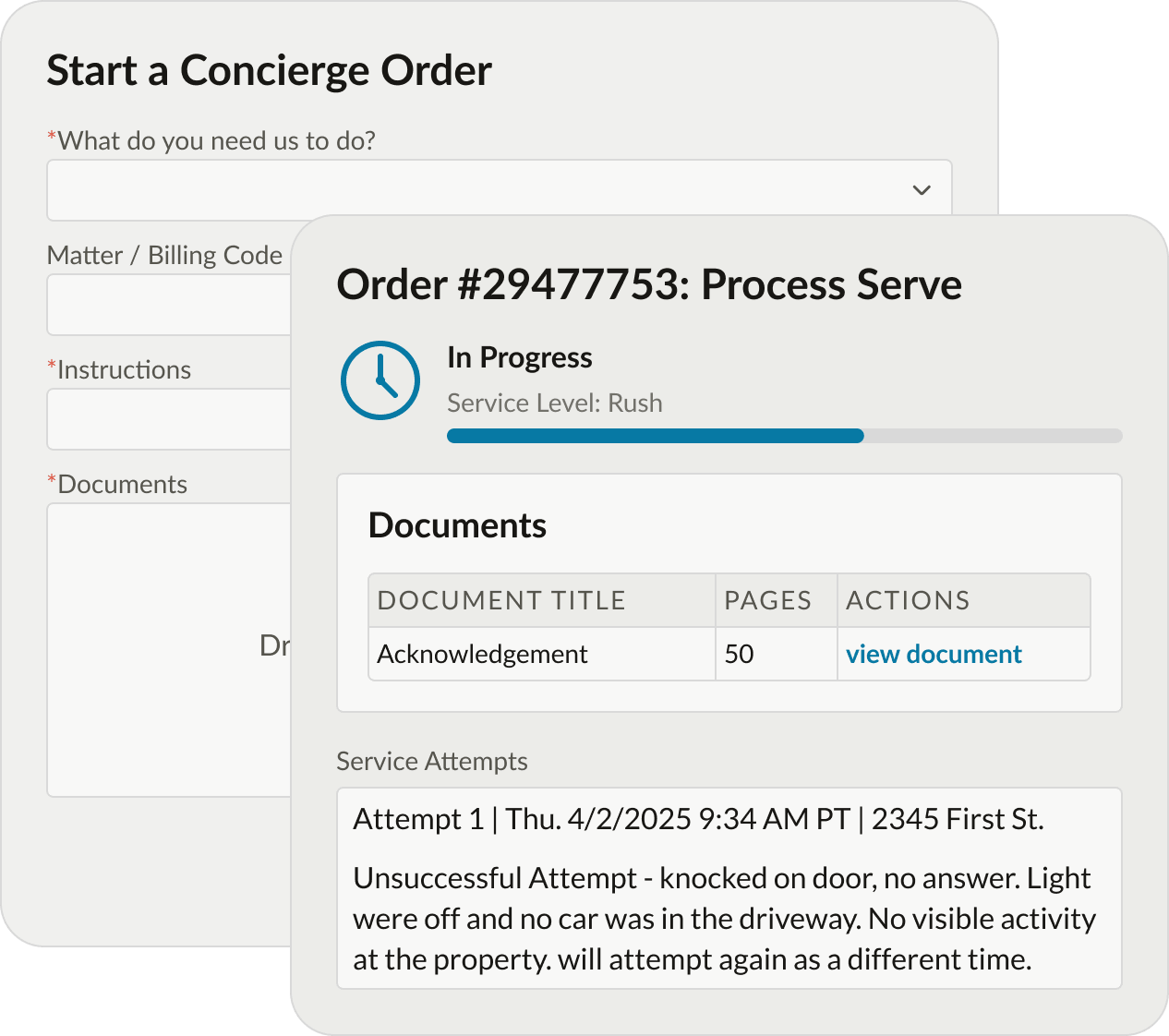 One Legal Concierge order form and in-progress process serve details