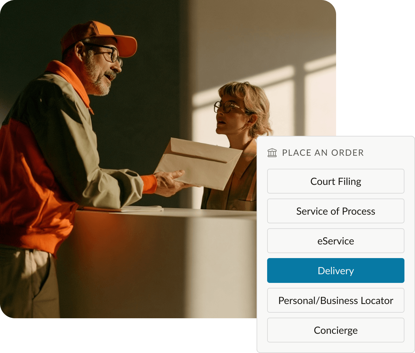 Courier handing over documents with the One Legal Delivery order menu