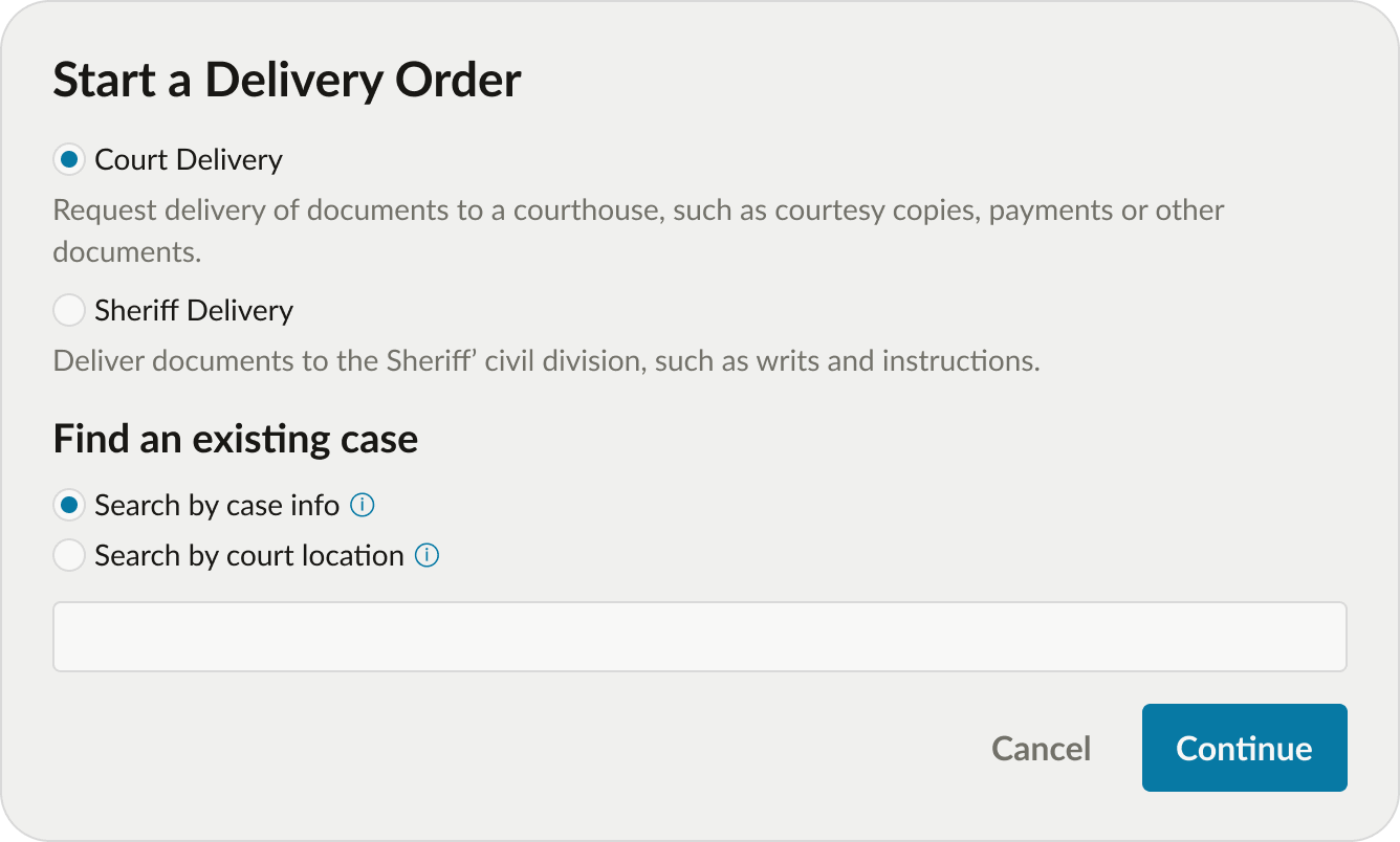 One Legal delivery order form with Court Delivery selected