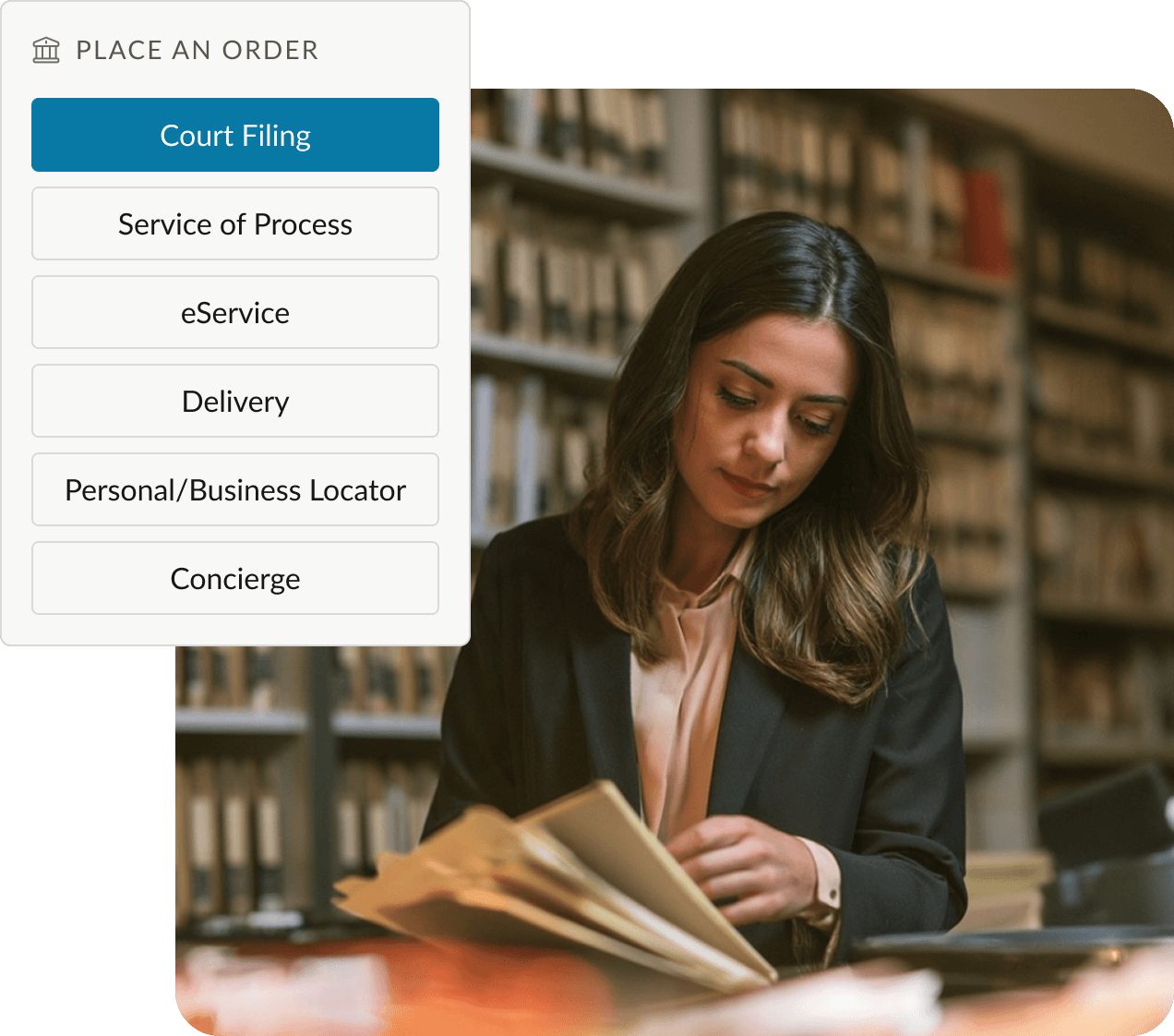 Legal professional reviewing documents with the One Legal court filing order menu
