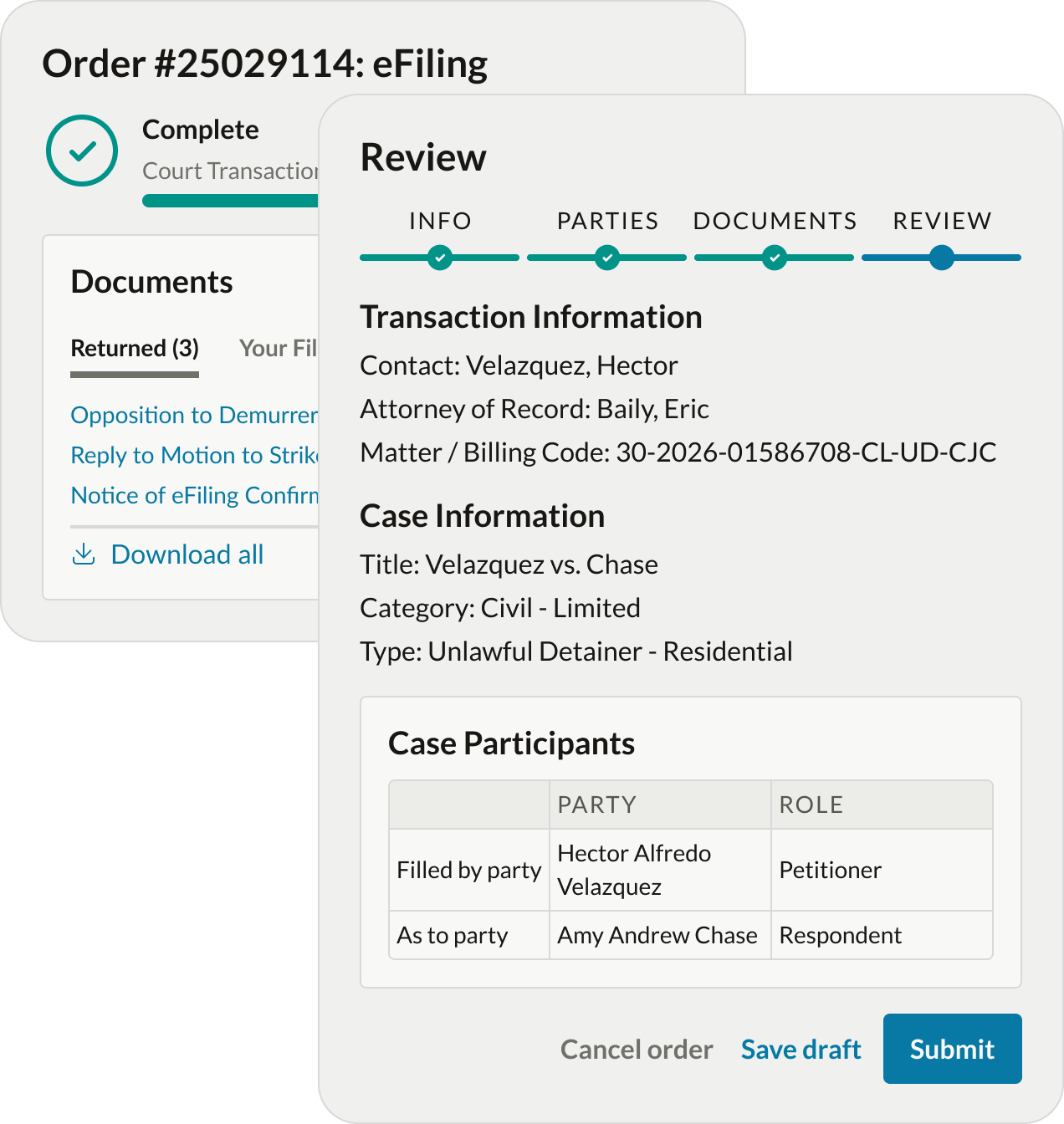 One Legal electronic court filing review and completed eFiling order