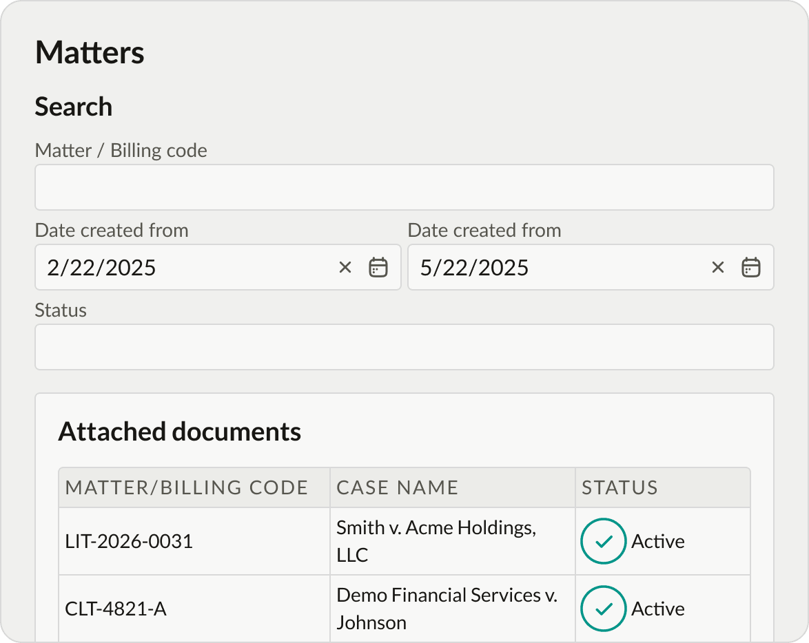 One Legal Matters dashboard with matter search and attached-document statuses