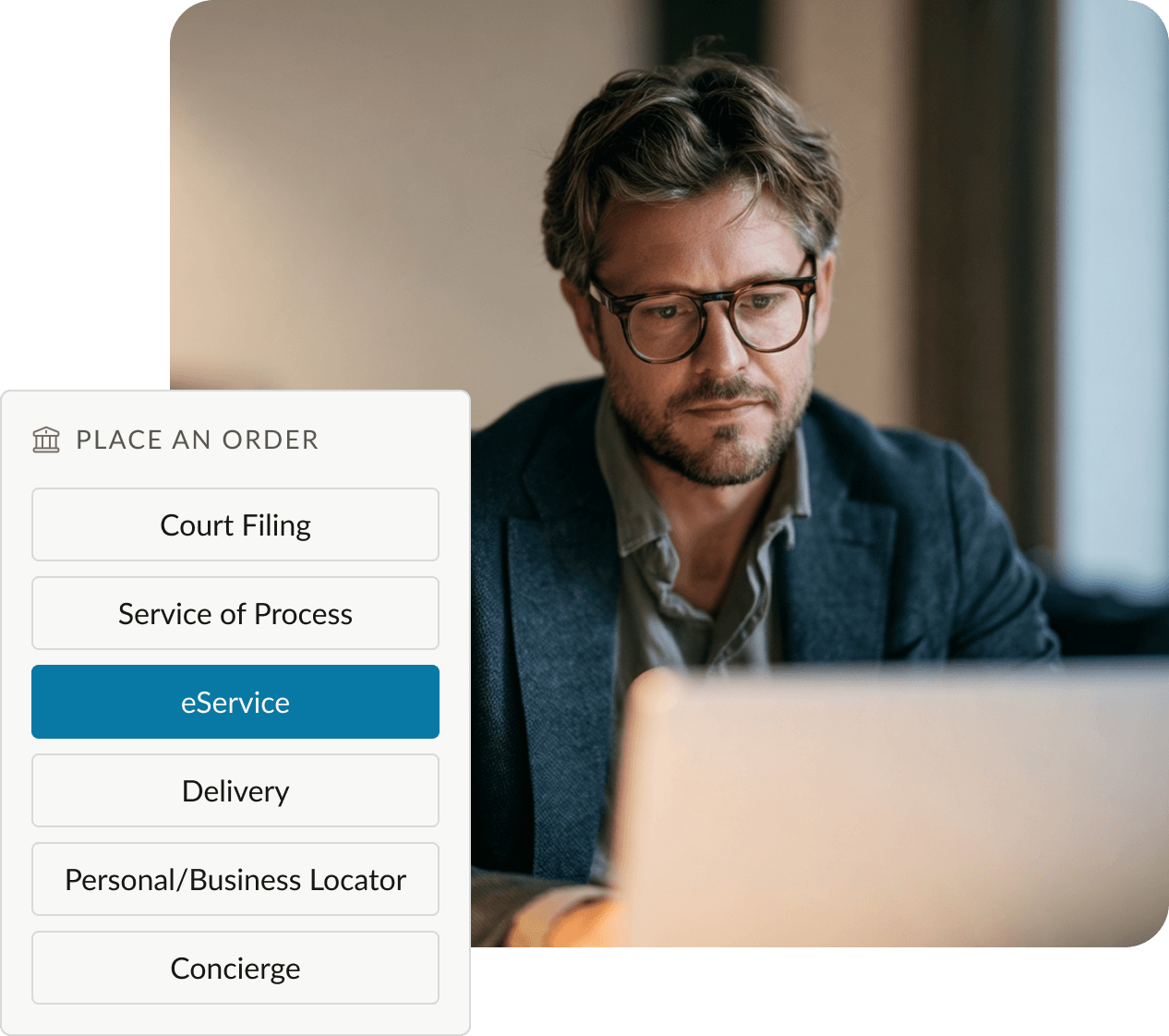Legal professional using a laptop beside the One Legal eService order menu