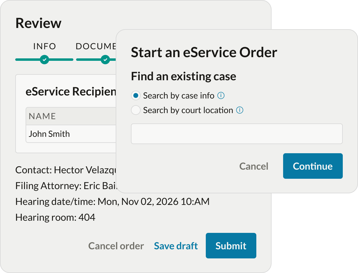 One Legal eService order review and existing-case search screens