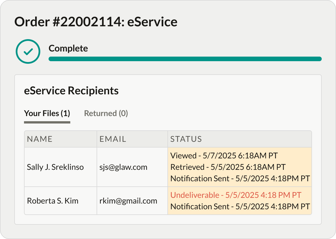 Completed One Legal eService order showing recipient delivery, retrieval, and viewing statuses