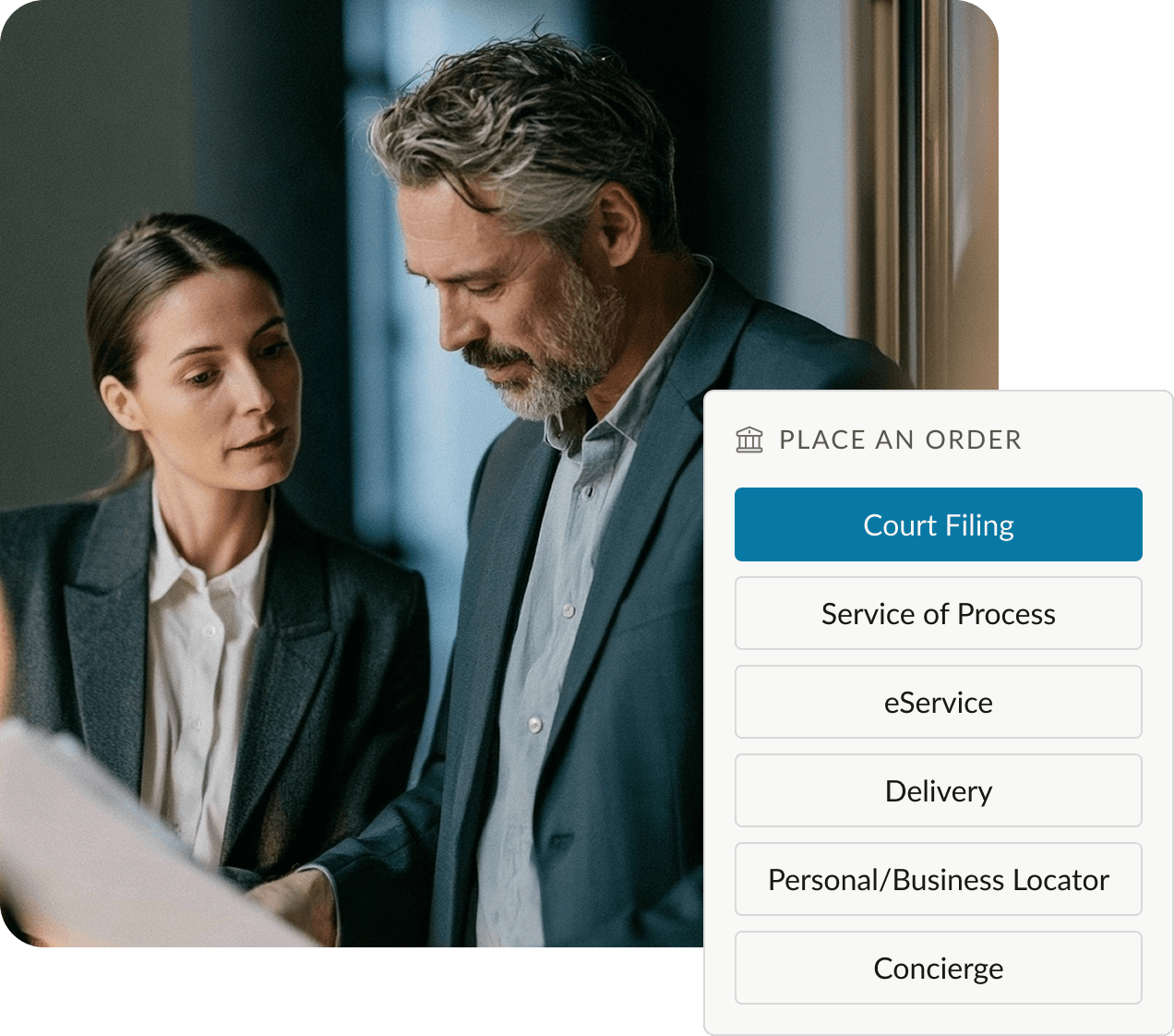 Legal professionals reviewing documents beside the One Legal order menu