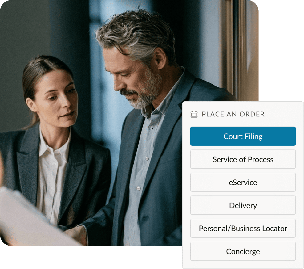 One Legal File + Serve order screen beside a legal professional