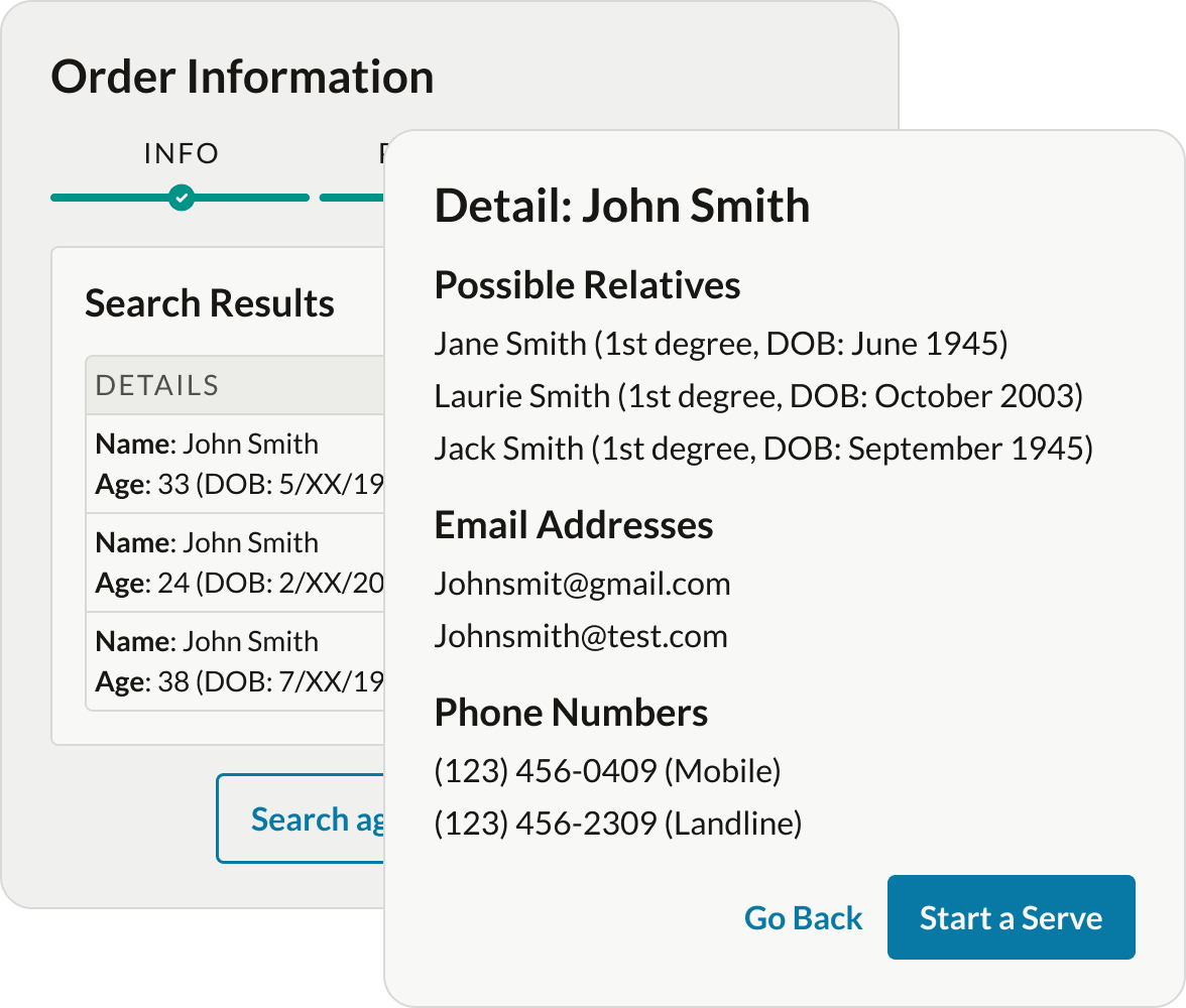 Locator search results with a detailed person record