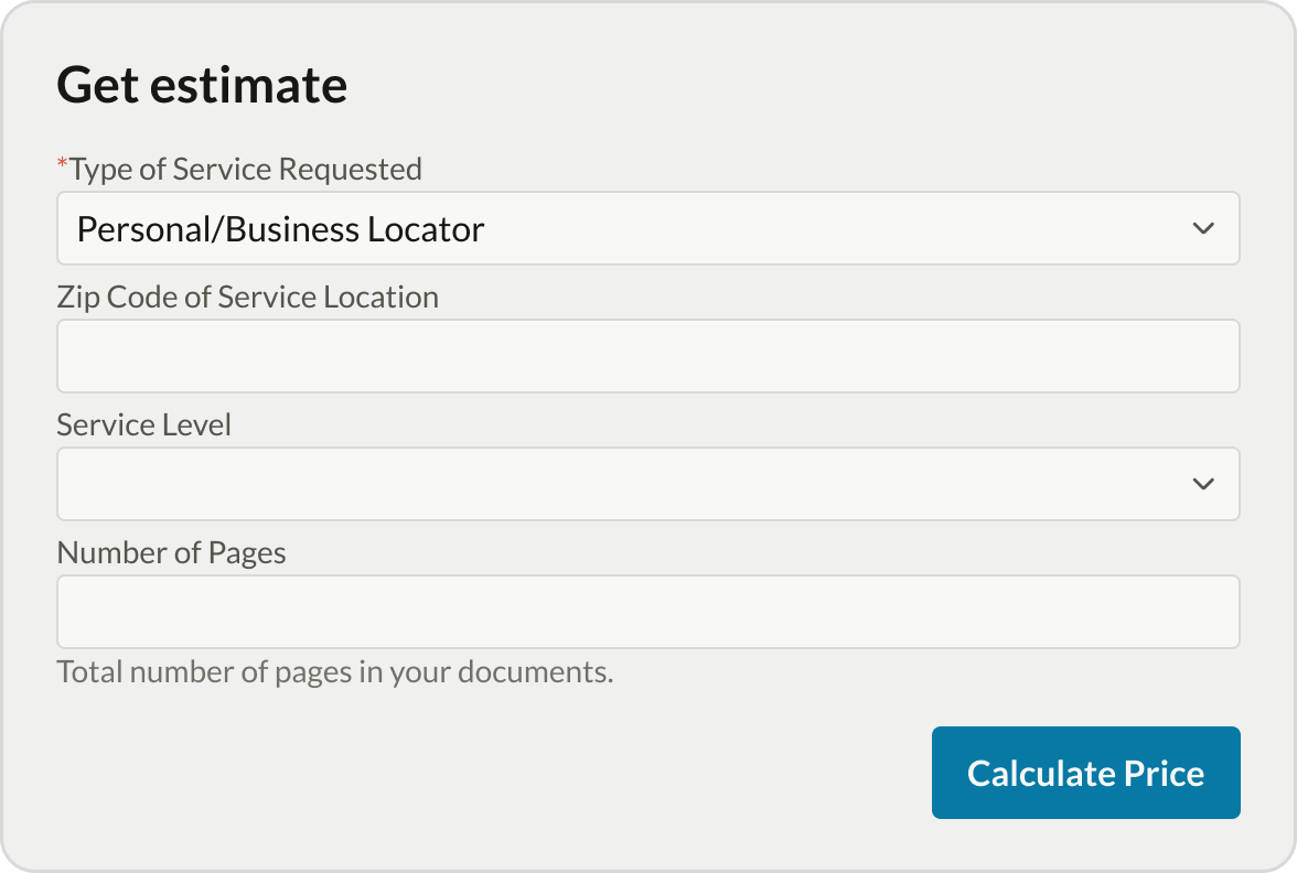 One Legal Person/Business Locator estimate form