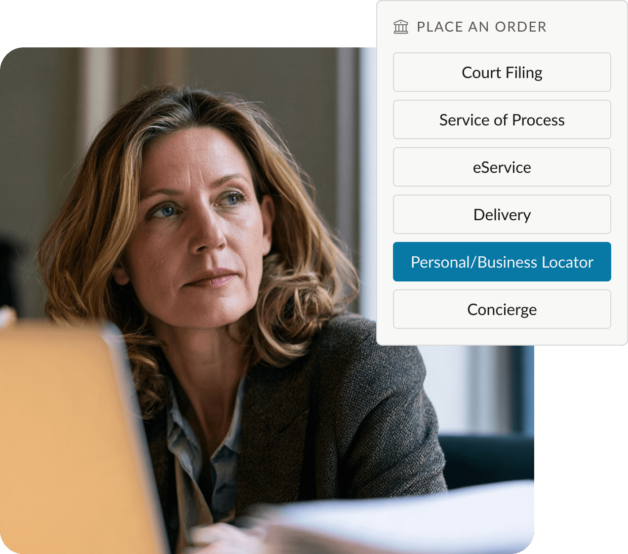 Legal professional beside the One Legal Person/Business Locator order menu