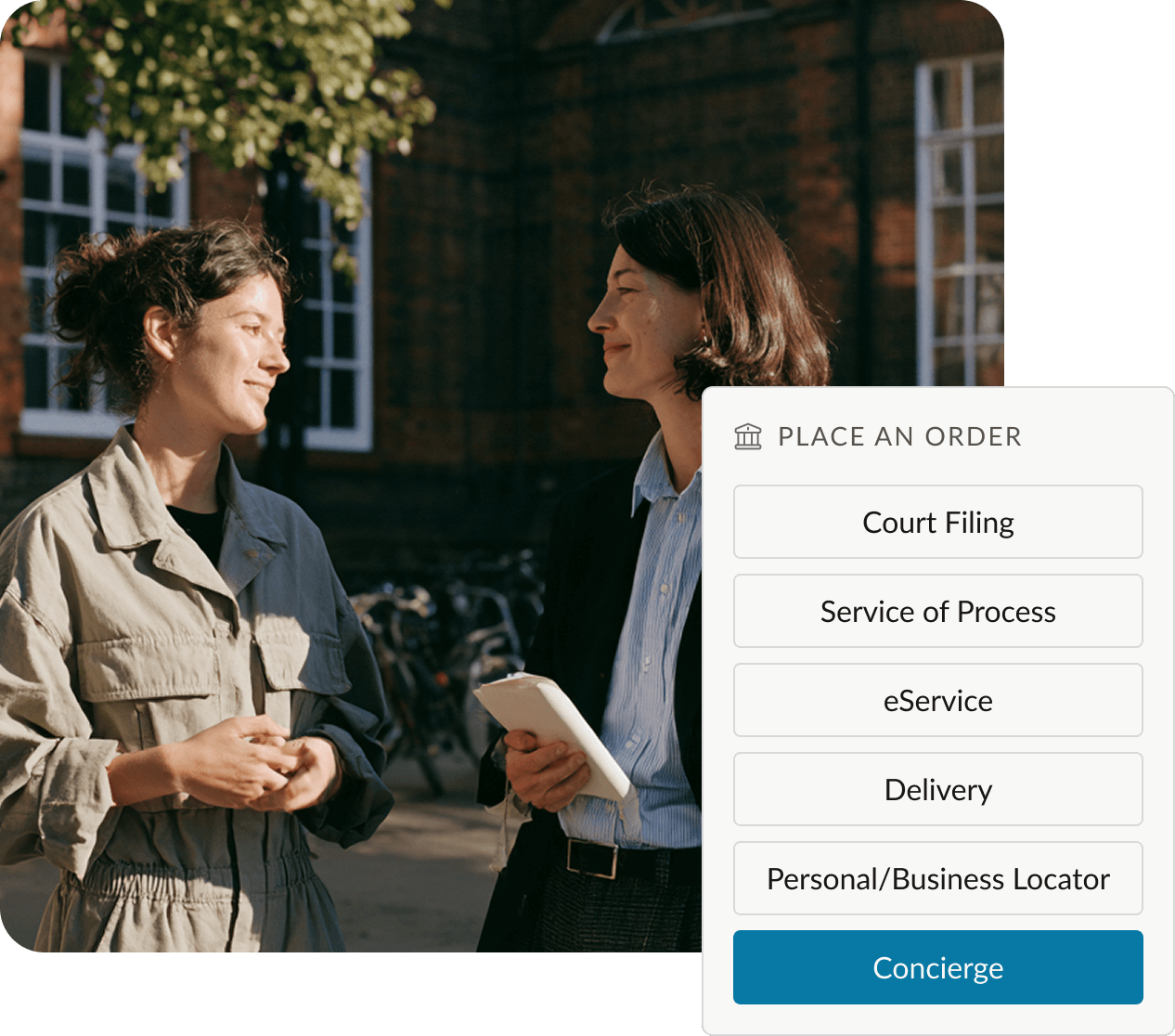 Two community members beside the One Legal litigation services order menu