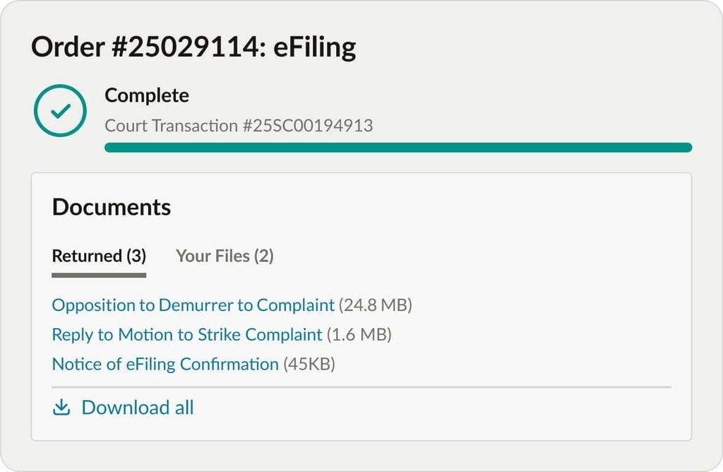 Completed One Legal eFiling order with accepted court documents ready to download