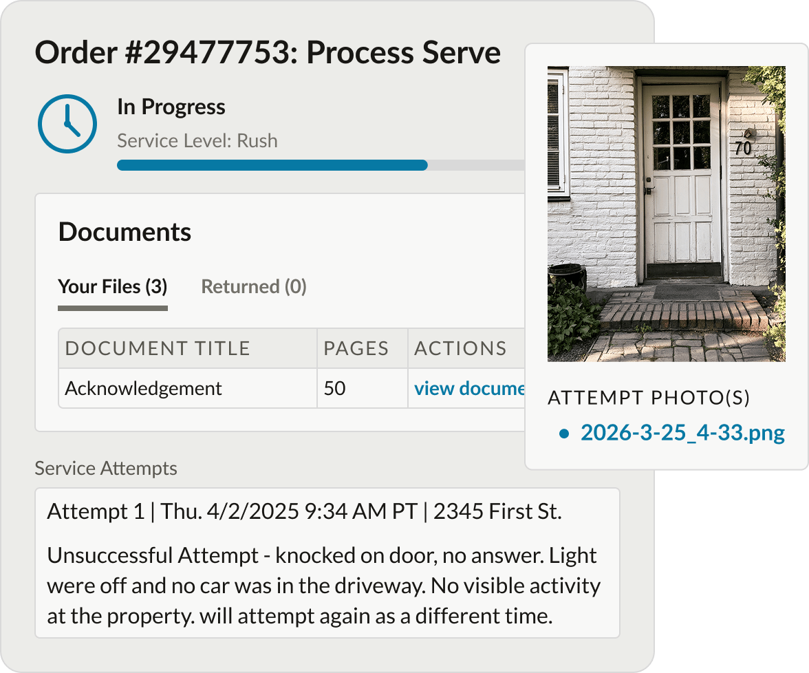 One Legal service attempt details with an attached property photo