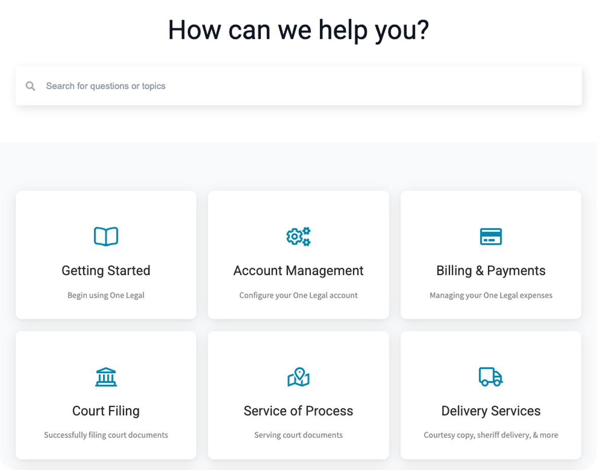 One Legal support center with service categories and search
