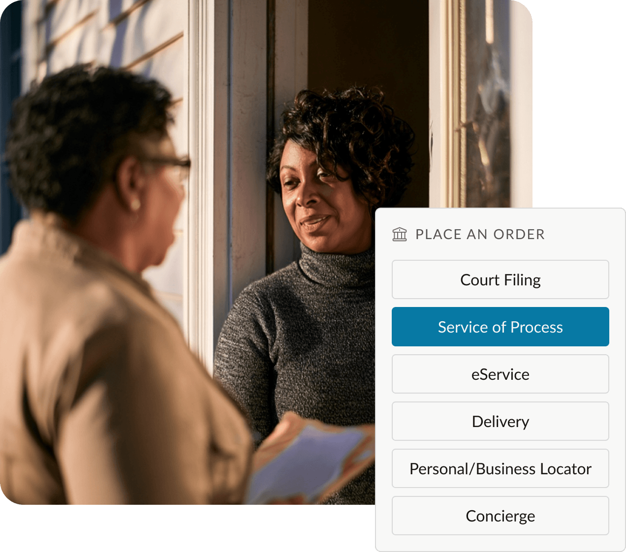 Process server delivering documents beside the One Legal Service of Process order menu