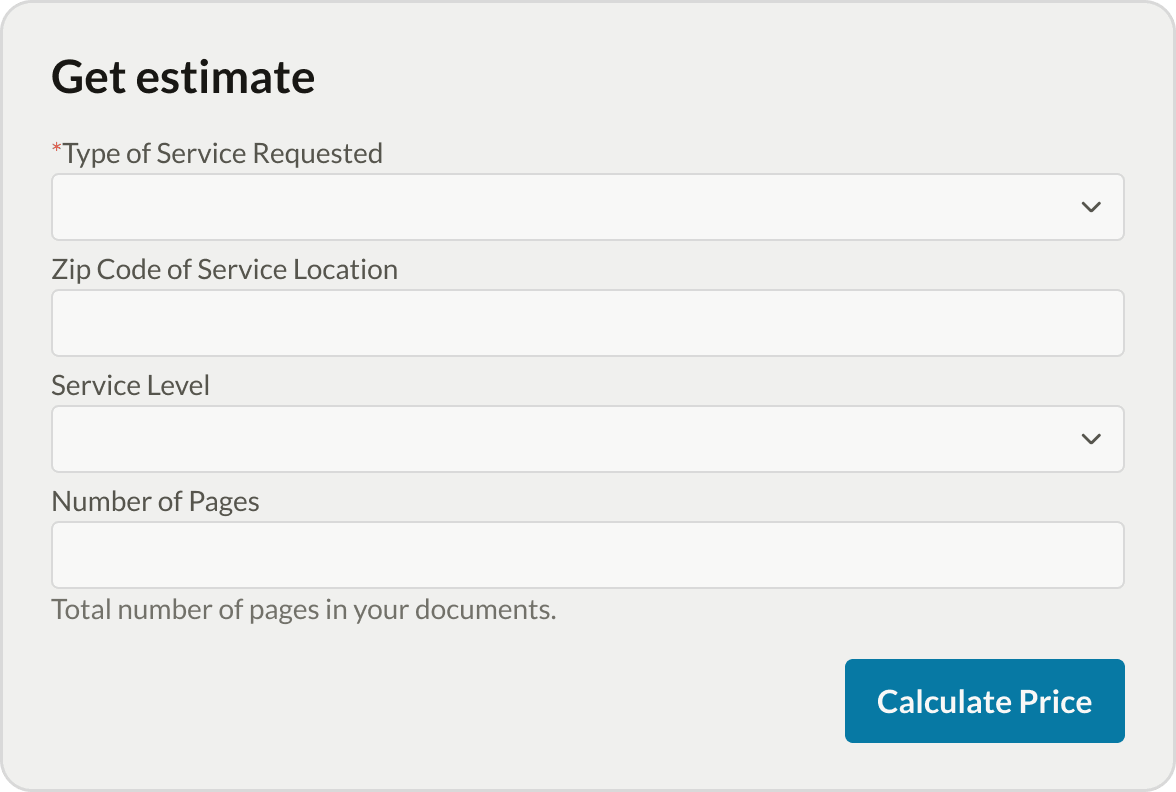 One Legal estimate form with service type, location, service level, and page count