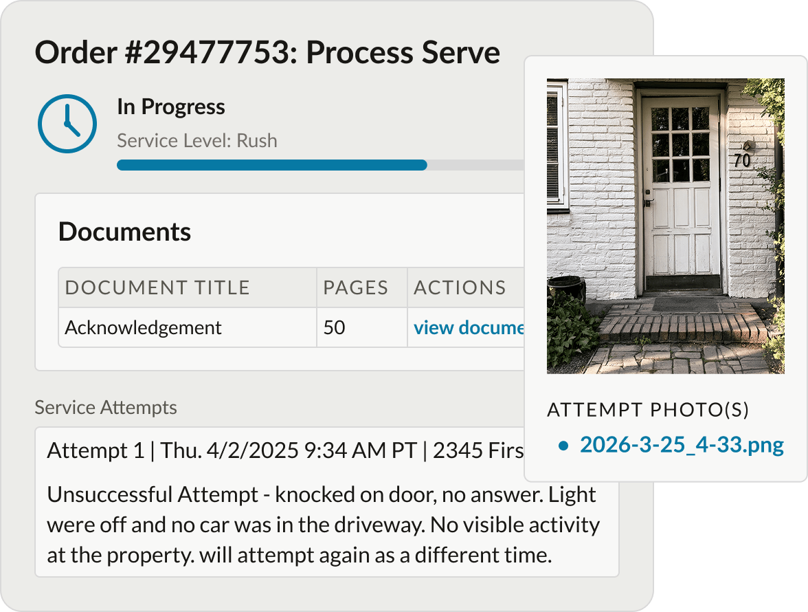 One Legal order status with timestamped service attempts and a photo of the service location
