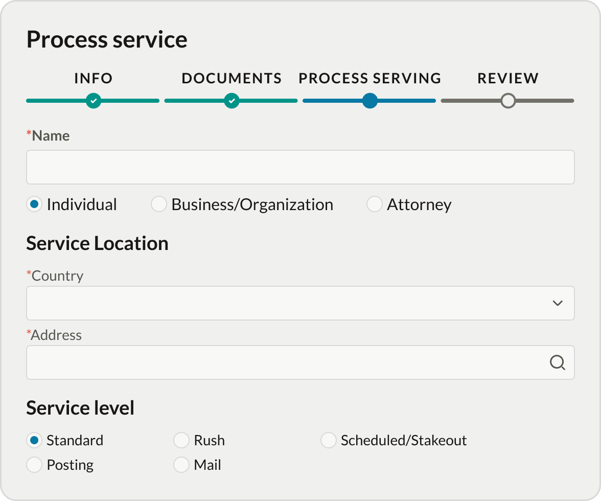 One Legal Process Service order form showing party, location, and service-level options