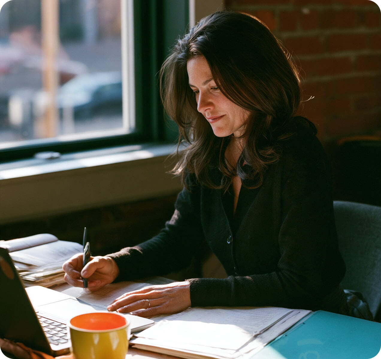 Legal professional reviewing documents beside a laptop