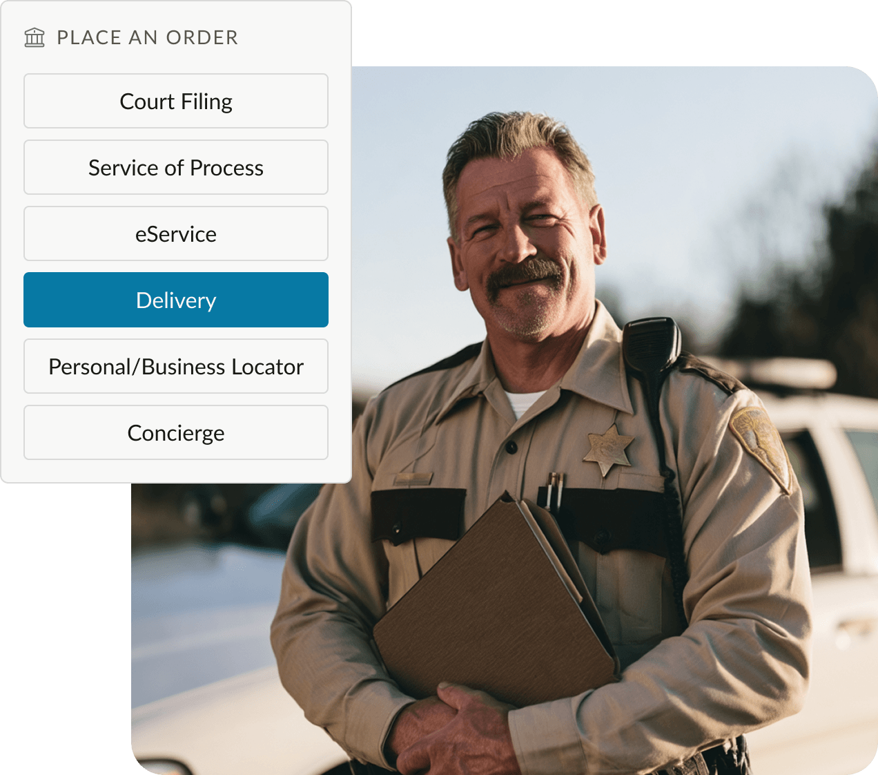Sheriff holding documents beside the One Legal Delivery order menu