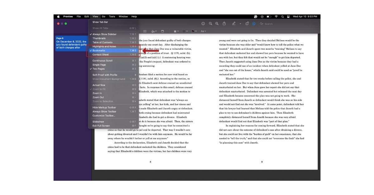 Mac Preview Bookmarks Panel Selected