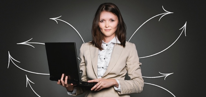 Paralegal with a laptop and arrows in background showing technology benefits
