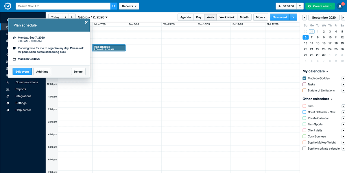Clio Manage users can create multiple calendars and task reminders to keep each case on track.