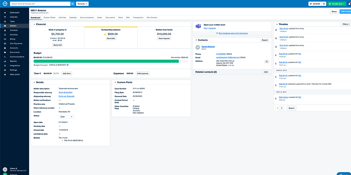 The Matters dashboard in Clio Manage gives you a high-level overview of the financial health of your case, as well as key contacts, actions and timelines.